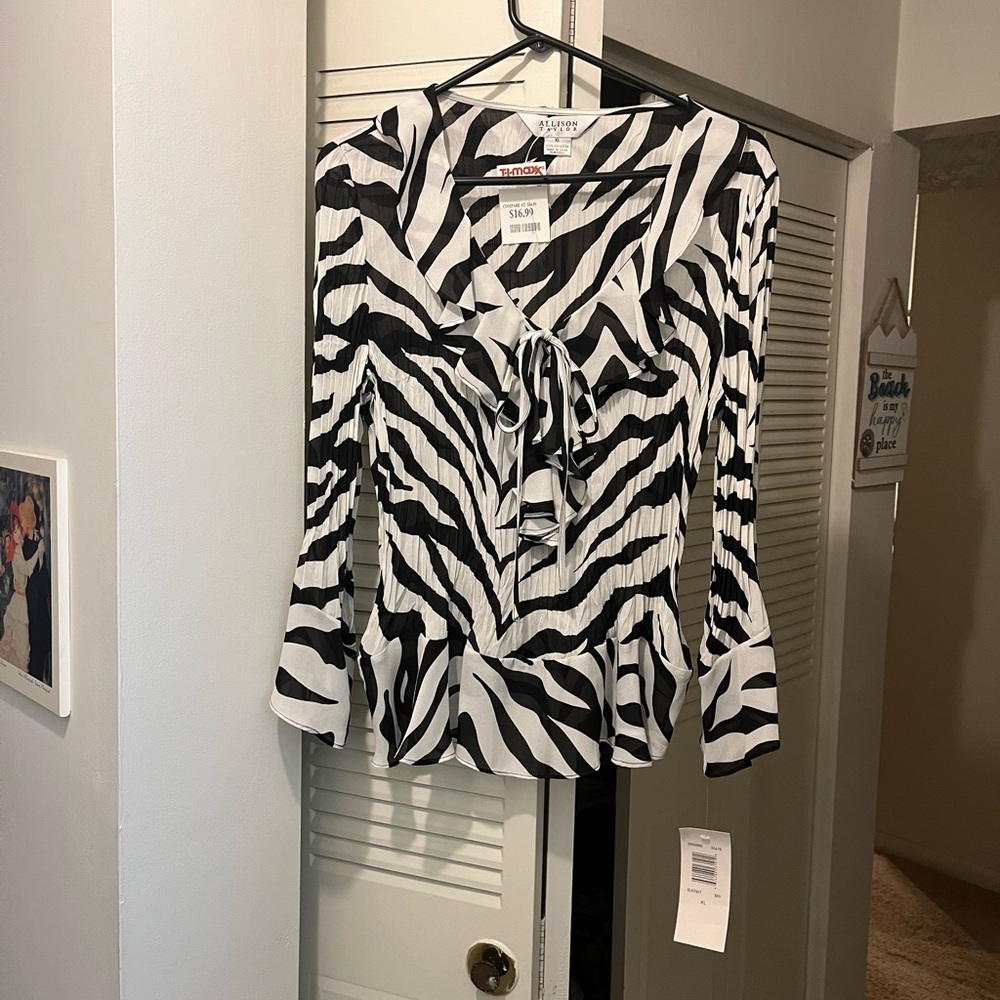 Allison Taylor Ruffled Sheer Zebra-Striped Blouse, Size XL, NWT